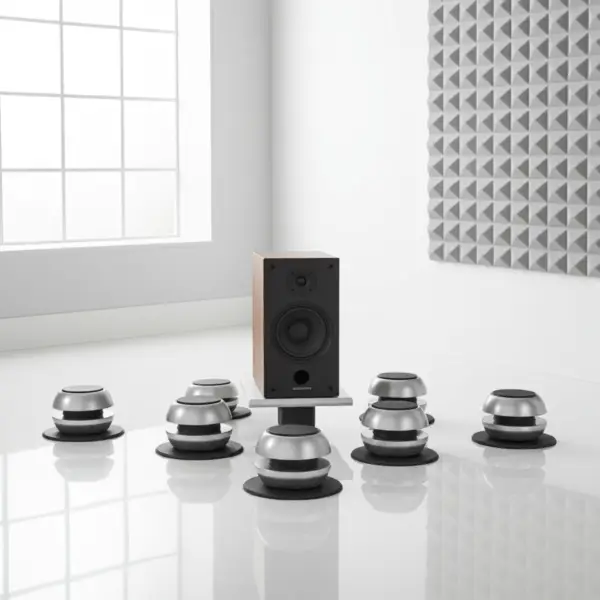 Townshend Seismic HiFi Isolation Pods shown with audio equipment – artist impression